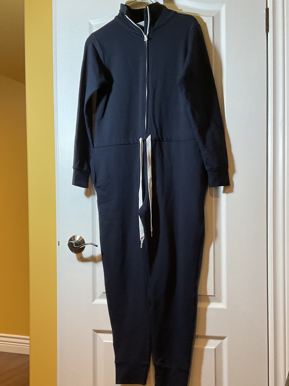 Smash + Tess Navy Zip-Up Hooded Jumpsuit with White Drawstring